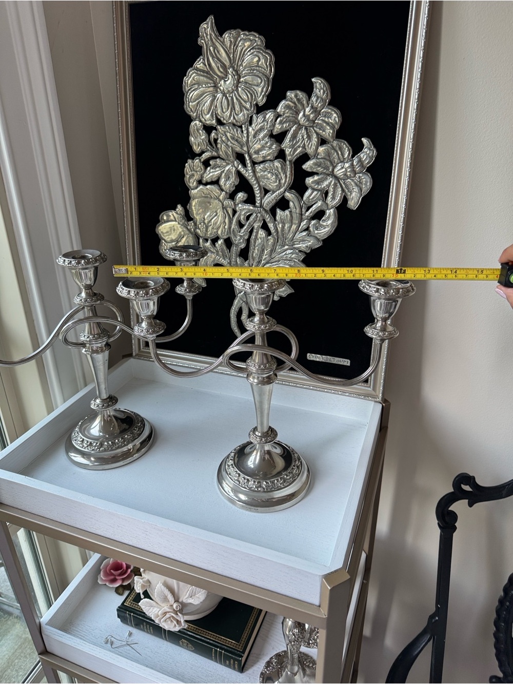 Silver Three-Arm Candelabra Pair - Elegant Silver Candle Holders - Picture 2 of 9